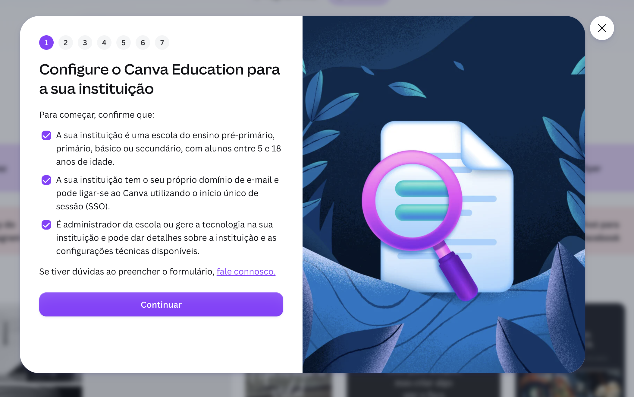 Primeiro passo da candidatura ao Canva Educação com os critérios de elegibilidade da instituição