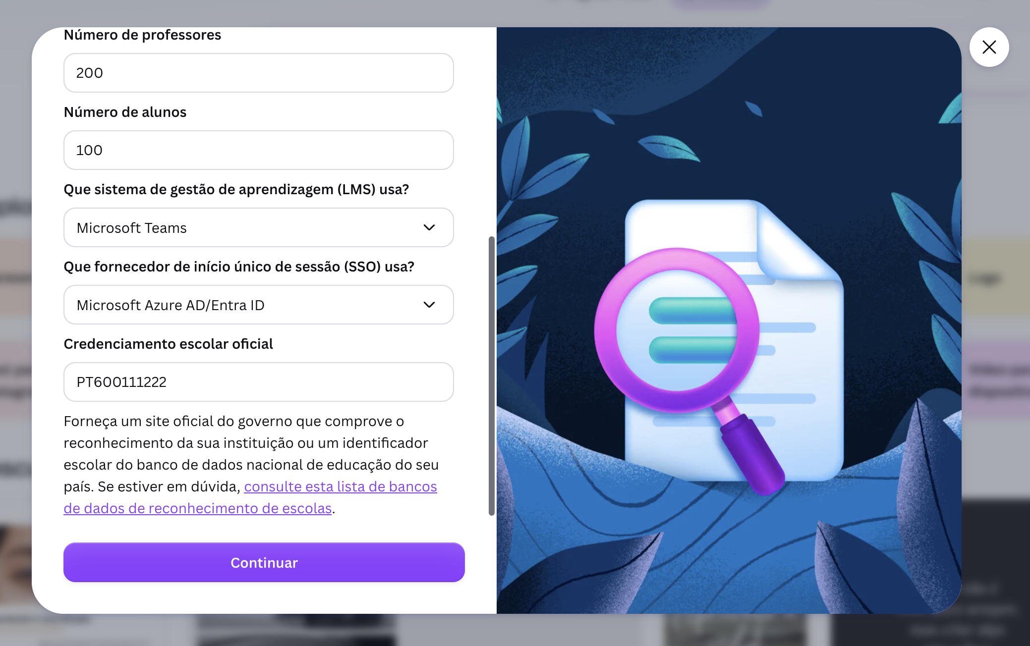 Segundo passo da candidatura ao Canva Educação para identificar a instituição