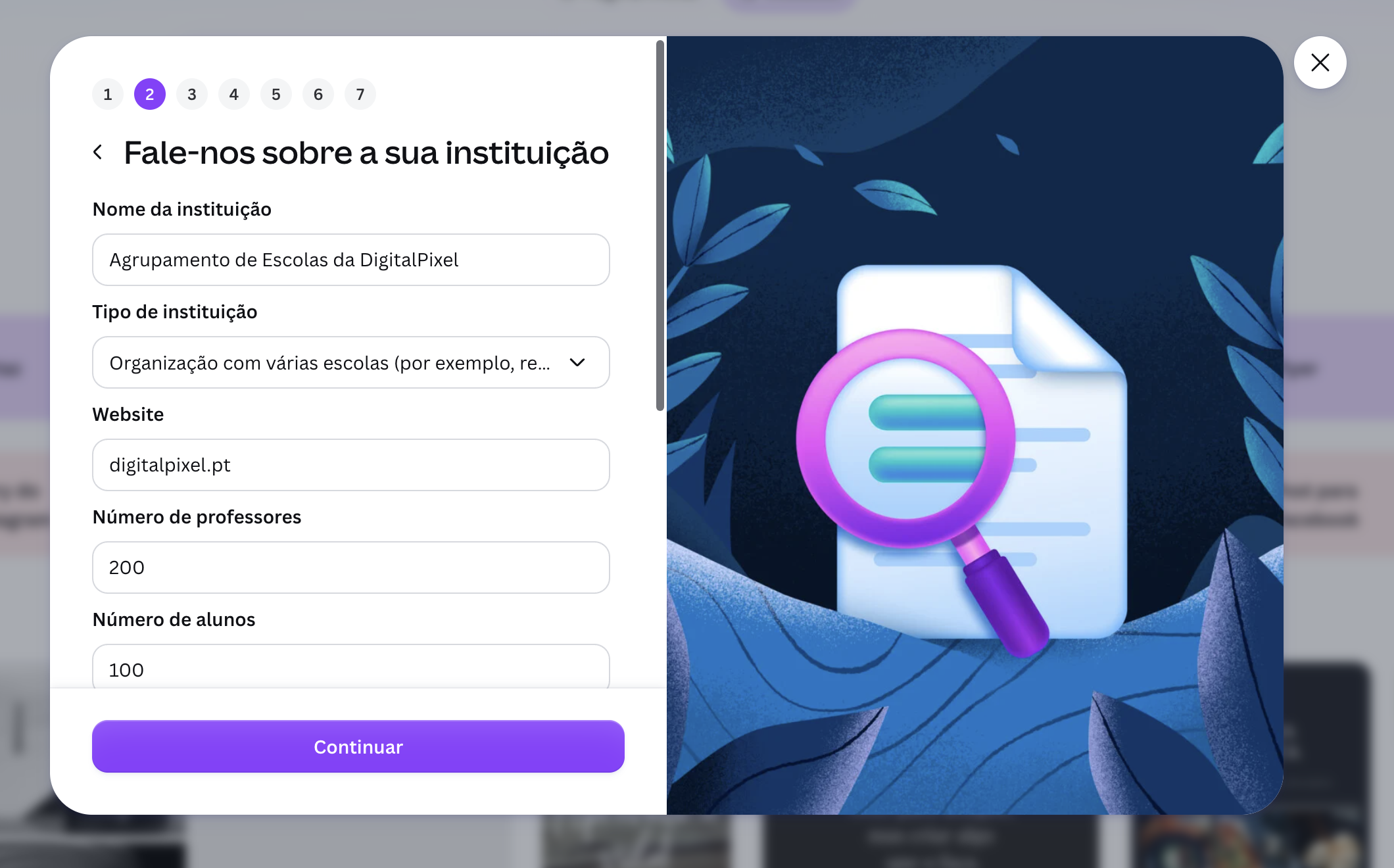 Segundo passo da candidatura ao Canva Educação para identificar a instituição