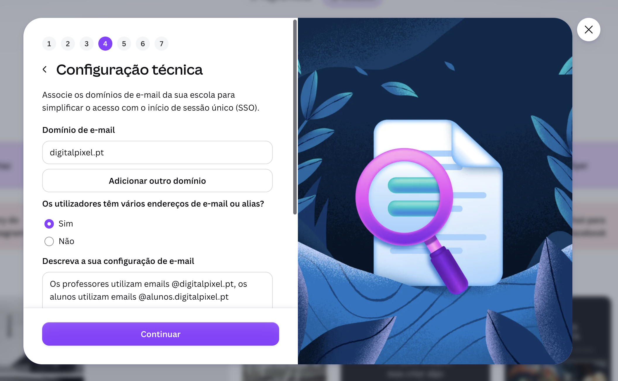Quarto passo da candidatura ao Canva Educação para descrever os domínios e a configuração técnica