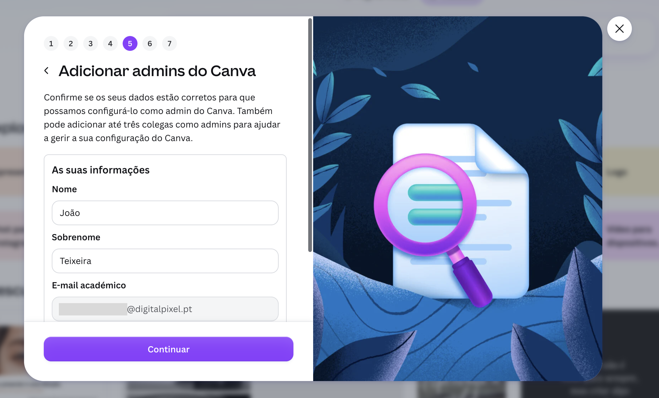 Quinto passo da candidatura ao Canva Educação para adicionar administradores