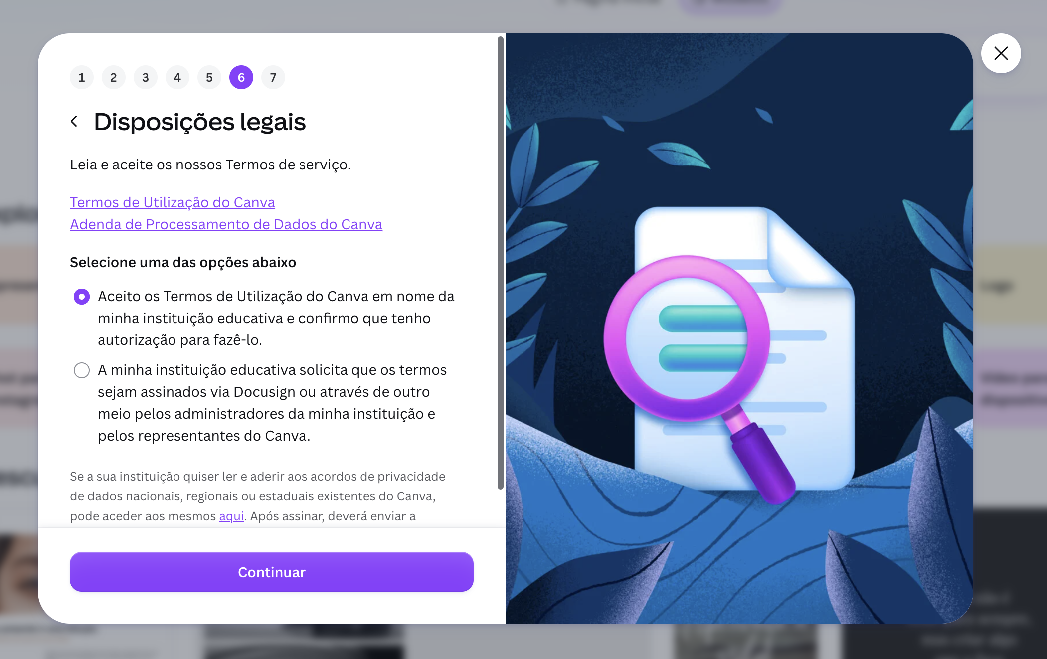 Sexto passo da candidatura ao Canva Educação relativo às disposições legais