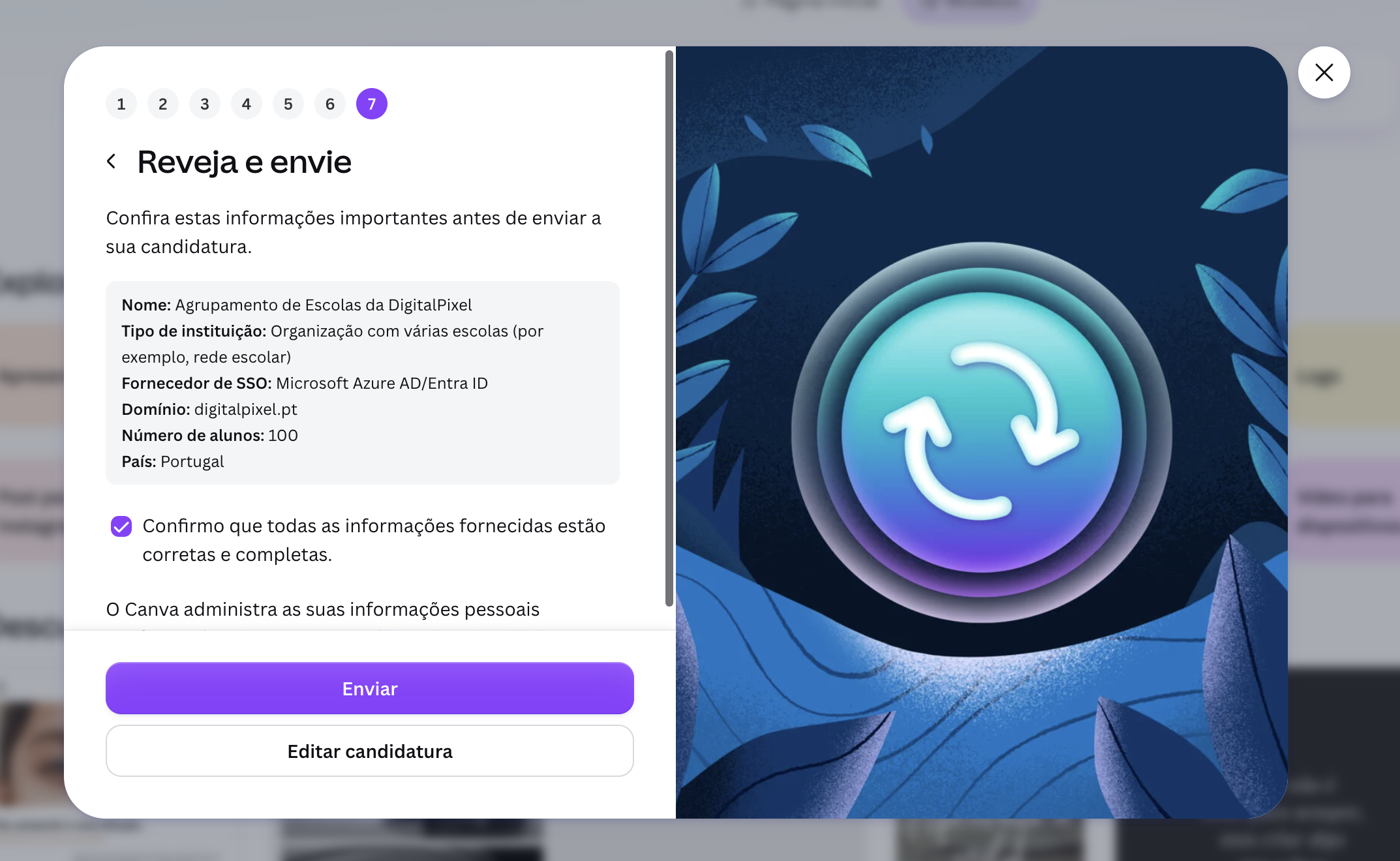 Sétimo passo da candidatura ao Canva Educação para rever e enviar o pedido