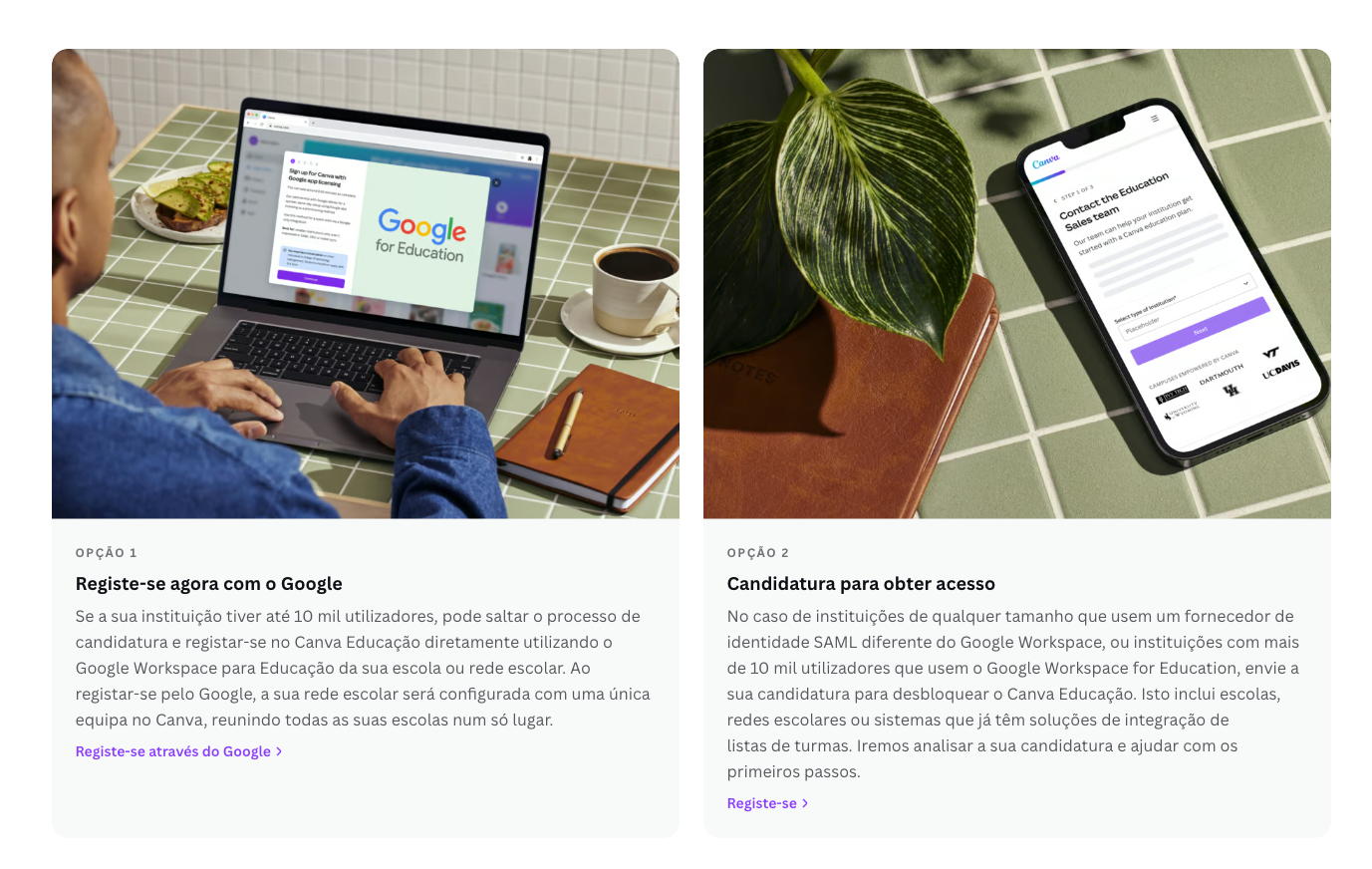 Opções de registo no Canva Educação através do Google Workspace ou por candidatura